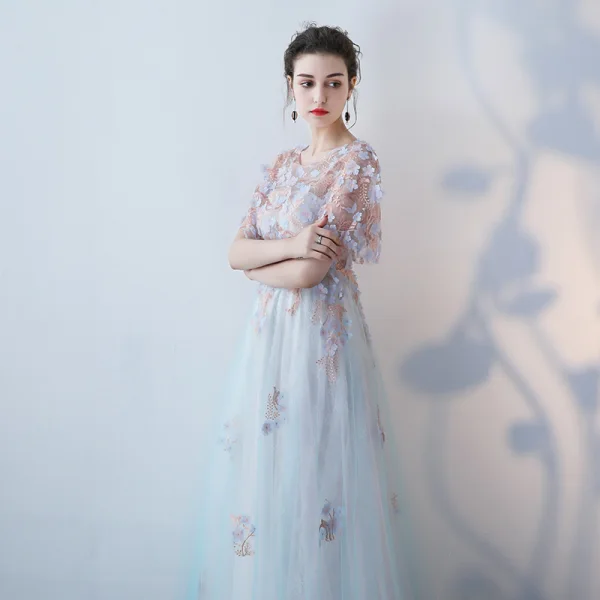 Élégant Été Bleu Robe De Soirée 2018 Princesse Appliques Paillettes Encolure Dégagée Manches Courtes Longue Robe De Ceremonie