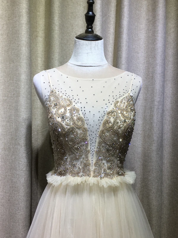 Chic / Beautiful Champagne Evening Dresses  2019 A-Line / Princess Scoop Neck Beading Crystal Rhinestone Sleeveless Pleated Floor-Length / Long Formal Dresses