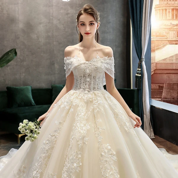 Elegant Champagne Wedding Dresses 2019 A-Line / Princess Off-The-Shoulder Beading Lace Flower Short Sleeve Backless Royal Train