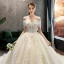 Elegant Champagne Wedding Dresses 2019 A-Line / Princess Off-The-Shoulder Beading Lace Flower Short Sleeve Backless Royal Train
