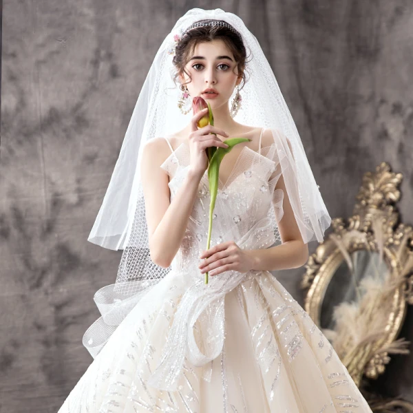 Luxury / Gorgeous Champagne Wedding Dresses 2019 Ball Gown Spaghetti Straps Sequins Sleeveless Backless Bow Royal Train
