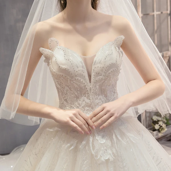 Fabuleux Champagne Robe De Mariée 2019 Princesse Bustier Perlage Paillettes Sans Manches Dos Nu Appliques Noeud Royal Train