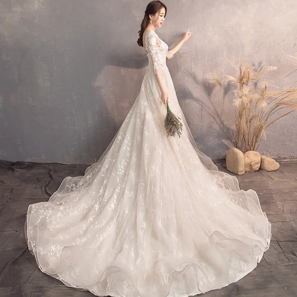 Charming Champagne Wedding Dresses 2019 A-Line / Princess Scoop Neck Star Lace Flower 3/4 Sleeve Backless Court Train