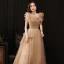 Charming Champagne Rhinestone Prom Dresses 2021 A-Line / Princess Ruffle Off-The-Shoulder Sleeveless Floor-Length / Long Prom Formal Dresses