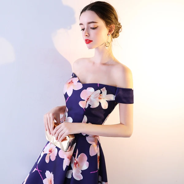 Chic / Beautiful Royal Blue Party Dresses 2018 A-Line / Princess Printing Off-The-Shoulder Backless Sleeveless Knee-Length Formal Dresses
