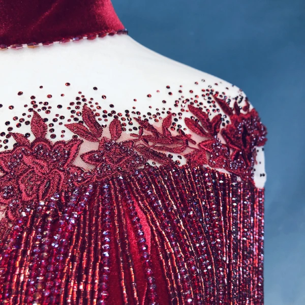 Luxury / Gorgeous Burgundy Handmade Beading Tassel Evening Dresses 2019 Trumpet / Mermaid High Neck Suede Sash Lace Flower Short Sleeve Sweep Train Formal Dresses
