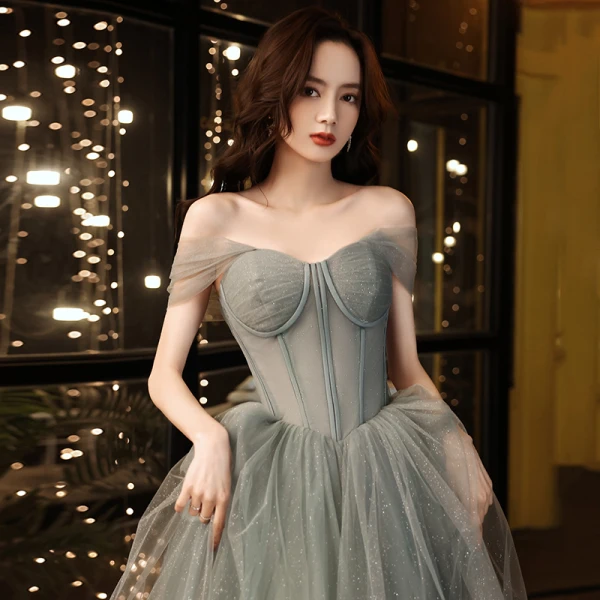 Charming Grey Glitter Prom Dresses 2021 A-Line / Princess Off-The-Shoulder Sleeveless Backless Floor-Length / Long Prom Formal Dresses