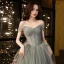 Charming Grey Glitter Prom Dresses 2021 A-Line / Princess Off-The-Shoulder Sleeveless Backless Floor-Length / Long Prom Formal Dresses