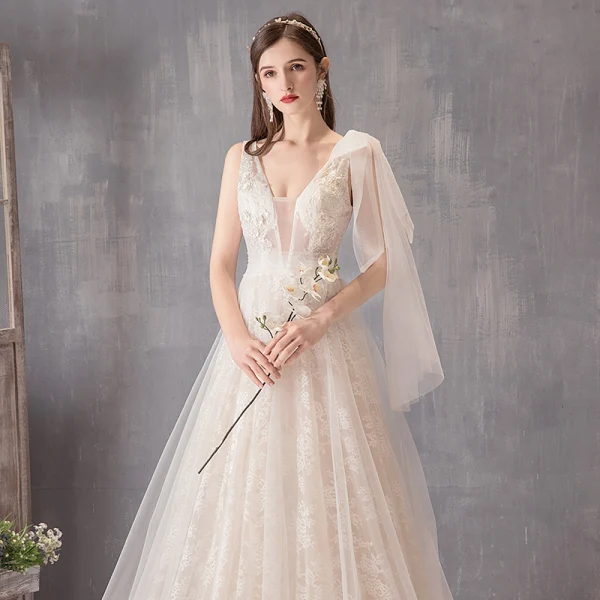 Schöne Ivory / Creme Brautkleider / Hochzeitskleider 2019 A Linie V-Ausschnitt Spitze Blumen Ärmellos Rückenfreies Sweep / Pinsel Zug