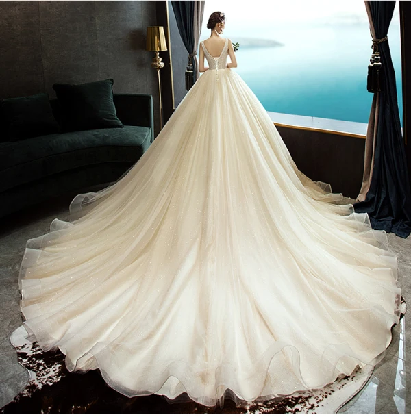 Elegant Champagne Wedding Dresses 2019 A-Line / Princess Scoop Neck Beading Sequins Sleeveless Backless Court Train