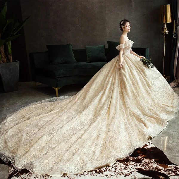 Luxury / Gorgeous Champagne Wedding Dresses 2019 A-Line / Princess Off-The-Shoulder Beading Lace Flower Sequins Short Sleeve Backless