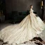 Luxury / Gorgeous Champagne Wedding Dresses 2019 A-Line / Princess Off-The-Shoulder Beading Lace Flower Sequins Short Sleeve Backless