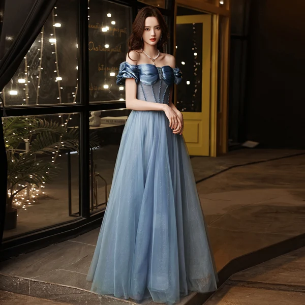 Chic / Belle Bleu Ciel Robe De Bal 2021 Princesse De l'épaule Perlage Manches Courtes Dos Nu Longue Robe De Ceremonie