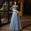 Chic / Belle Bleu Ciel Robe De Bal 2021 Princesse De l'épaule Perlage Manches Courtes Dos Nu Longue Robe De Ceremonie