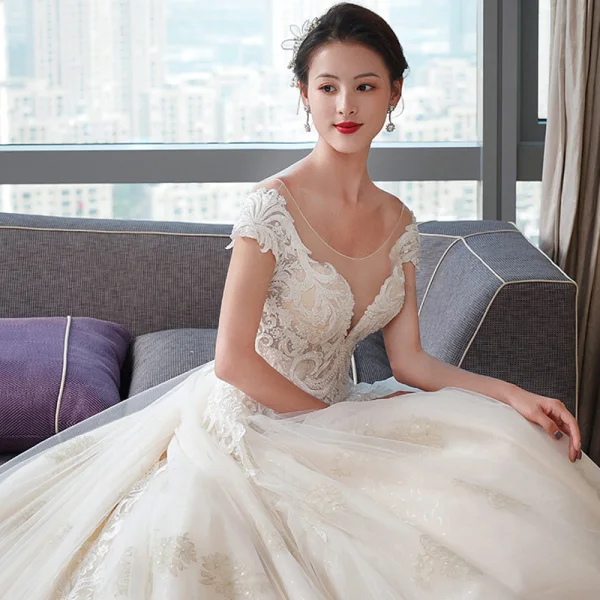 Luxury / Gorgeous Champagne Wedding Dresses 2019 A-Line / Princess V-Neck Beading Sequins Lace Flower Short Sleeve Backless Cathedral Train