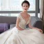 Luxury / Gorgeous Champagne Wedding Dresses 2019 A-Line / Princess V-Neck Beading Sequins Lace Flower Short Sleeve Backless Cathedral Train