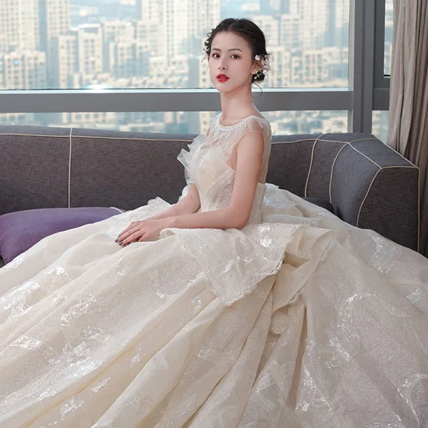 Luxury / Gorgeous Champagne Wedding Dresses 2019 Ball Gown Scoop Neck Sequins Lace Flower Sleeveless Backless Cascading Ruffles Cathedral Train