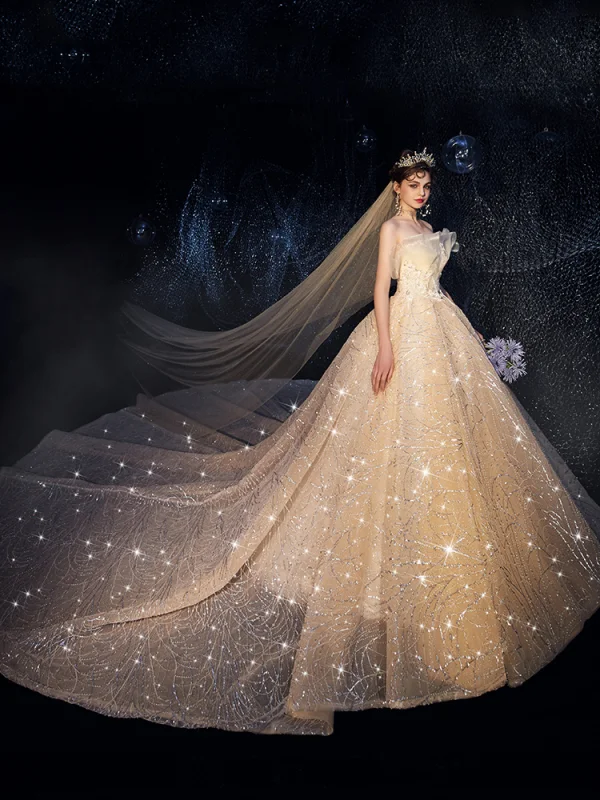 Luxury / Gorgeous Champagne Wedding Dresses 2019 Ball Gown Strapless Glitter Tulle Sequins Beading Sleeveless Backless Cathedral Train