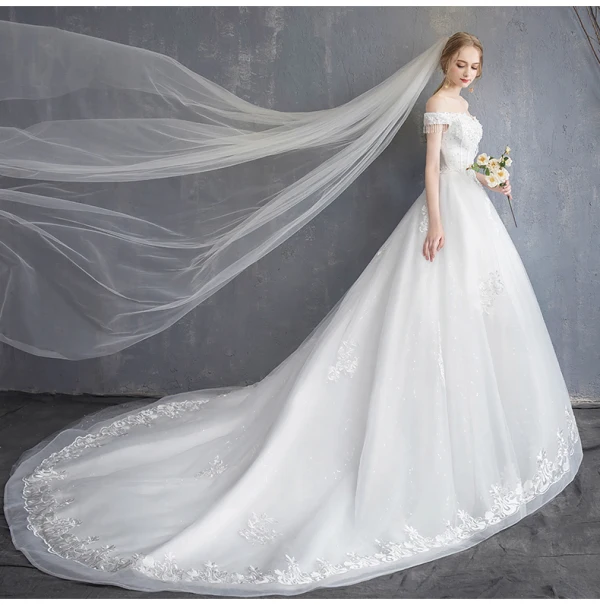 Affordable Ivory Wedding Dresses 2019 A-Line / Princess Off-The-Shoulder Beading Tassel Pearl Crystal Lace Flower Short Sleeve Backless Court Train