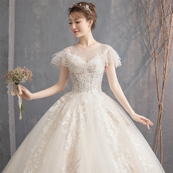 Lovely Champagne Wedding Dresses 2019 Ball Gown Scoop Neck Beading Lace Flower Short Sleeve Backless Floor-Length / Long