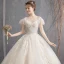 Lovely Champagne Wedding Dresses 2019 Ball Gown Scoop Neck Beading Lace Flower Short Sleeve Backless Floor-Length / Long