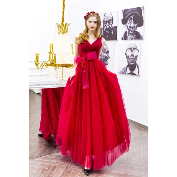 Chic / Belle Rouge Robe De Bal 2019 Princesse V-Cou Perlage En Dentelle Fleur Noeud Sans Manches Dos Nu Longue Robe De Ceremonie