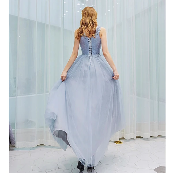 Élégant Gris Robe De Bal 2019 Princesse V-Cou En Dentelle Fleur Noeud Sans Manches Dos Nu Longue Robe De Ceremonie