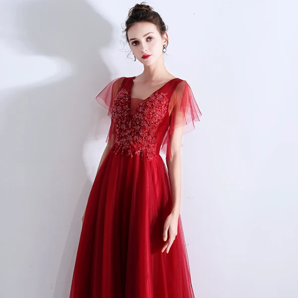 Chic / Beautiful Burgundy Evening Dresses 2019 A-Line / Princess V-Neck Beading Crystal Lace Flower Short Sleeve Backless Floor-Length / Long Formal Dresses
