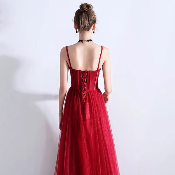 Chic / Belle Bordeaux Robe De Soirée 2019 Princesse Bretelles Spaghetti Perlage Cristal Paillettes Sans Manches Dos Nu Longue Robe De Ceremonie