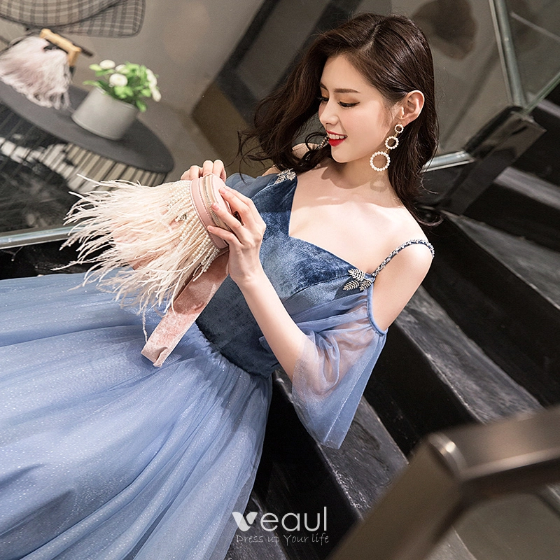 Veaul Elegant Sky Blue Prom Dresses 2019 A Line Princess Suede Spaghetti Straps Short Sleeve