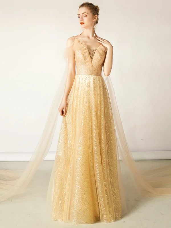 Charming Gold Evening Dresses 2019 A-Line / Princess V-Neck Glitter Sequins Sleeveless Backless Floor-Length / Long Formal Dresses