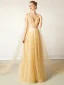 Charming Gold Evening Dresses  2019 A-Line / Princess V-Neck Glitter Sequins Sleeveless Backless Floor-Length / Long Formal Dresses