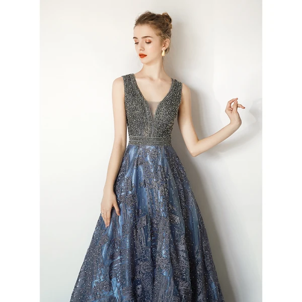 Luxury / Gorgeous Ocean Blue Handmade Beading Evening Dresses 2019 A-Line / Princess V-Neck Crystal Lace Flower Sleeveless Backless Sweep Train Formal Dresses