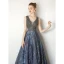 Luxury / Gorgeous Ocean Blue Handmade  Beading Evening Dresses  2019 A-Line / Princess V-Neck Crystal Lace Flower Sleeveless Backless Sweep Train Formal Dresses