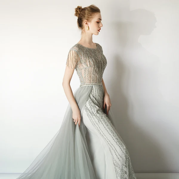 Luxury / Gorgeous Grey Evening Dresses 2019 A-Line / Princess Scoop Neck Handmade Beading Tassel Sequins Short Sleeve Sweep Train Formal Dresses