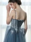 Chic Bleu Robe De Bal 2019 Princesse Bretelles Spaghetti Plumes En Dentelle Fleur Appliques Perle Sans Manches Dos Nu Train De Balayage Robe De Ceremonie