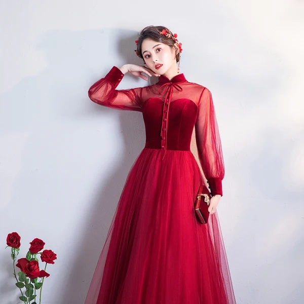 Chic / Beautiful Burgundy Evening Dresses 2019 A-Line / Princess High Neck Suede Bow Long Sleeve Backless Floor-Length / Long Formal Dresses