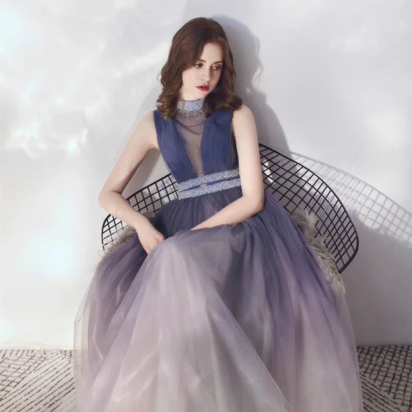 Classy Gradient-Color Evening Dresses  2019 A-Line / Princess Ruffle Sleeveless Rhinestone High Neck Floor-Length / Long Formal Dresses