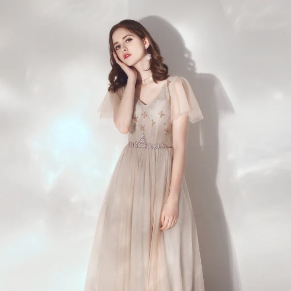 Élégant Champagne Robe De Soirée 2019 Princesse V-Cou Faux Diamant Cristal Manches Courtes Dos Nu Longue Robe De Ceremonie