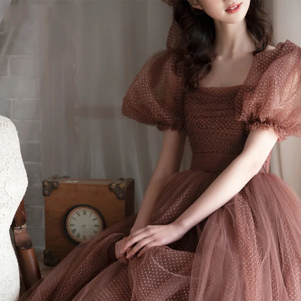 Vintage / Retro Brown Spotted Prom Dresses 2021 A-Line / Princess Square Neckline Bell sleeves Backless Floor-Length / Long Formal Dresses