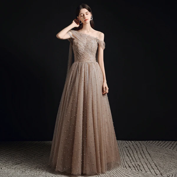 Fashion Champagne Pearl Prom Dresses 2021 A-Line / Princess One-Shoulder Short Sleeve Backless Floor-Length / Long Formal Dresses