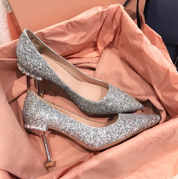 Scintillantes Argenté Chaussure De Mariée 2019 Cuir Faux Diamant Paillettes 8 cm Talons Aiguilles À Bout Pointu Mariage Escarpins