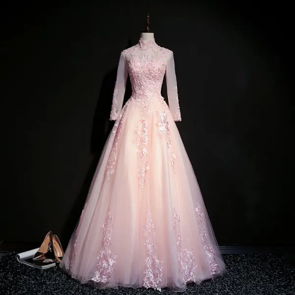 Elegant Blushing Pink Prom Dresses 2019 Ball Gown High Neck Beading Pearl Crystal Lace Flower Long Sleeve Backless Floor-Length / Long Formal Dresses