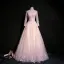 Elegant Blushing Pink Prom Dresses 2019 Ball Gown High Neck Beading Pearl Crystal Lace Flower Long Sleeve Backless Floor-Length / Long Formal Dresses