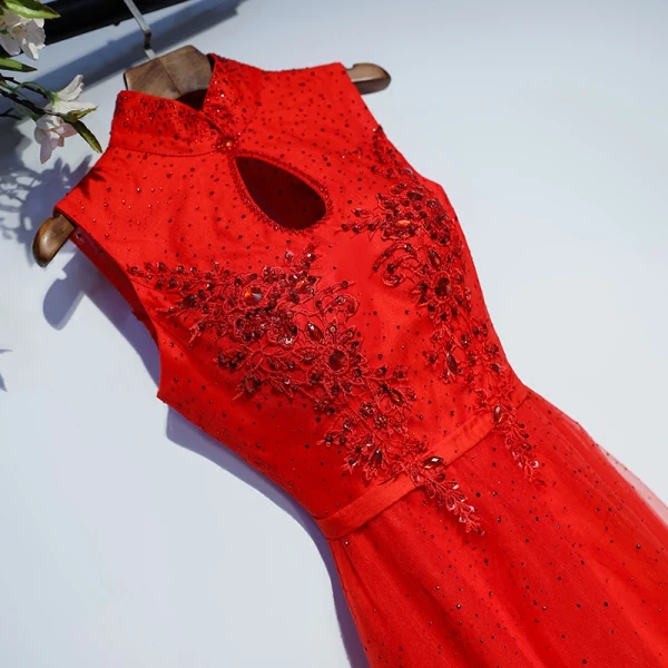 Chic / Belle Rouge Robe De Ceremonie Robe De Soirée 2017 En Dentelle Fleur Paillettes Dos Nu Col Haut Sans Manches Longue Princesse