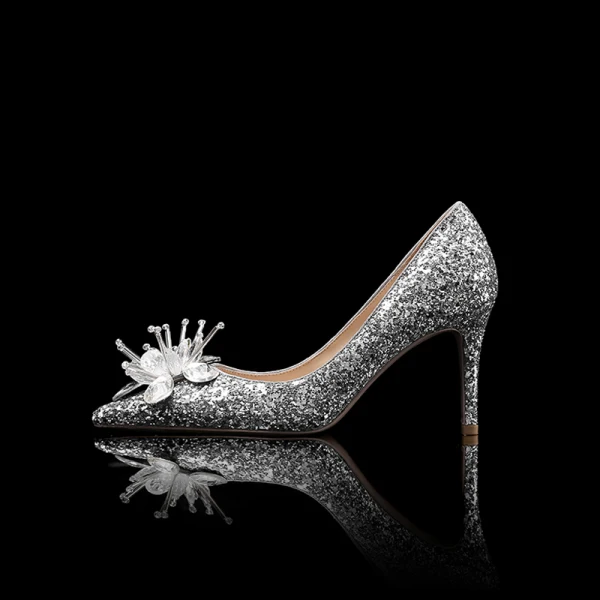 Scintillantes Argenté Chaussure De Mariée 2019 Mariage Cristal Paillettes 8 cm Talons Aiguilles À Bout Pointu Escarpins