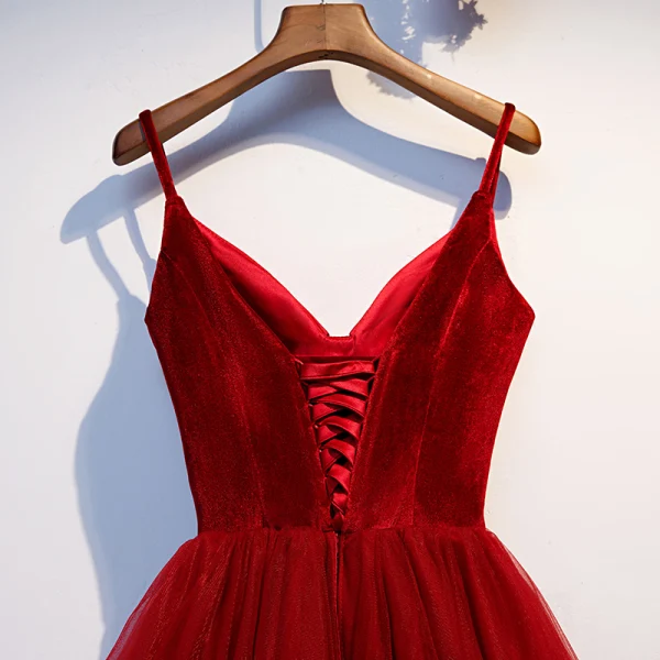 Chic / Belle Bordeaux Voyage de noces Robe De Graduation 2019 Princesse Bretelles Spaghetti Daim Sans Manches Dos Nu Courte Robe De Ceremonie