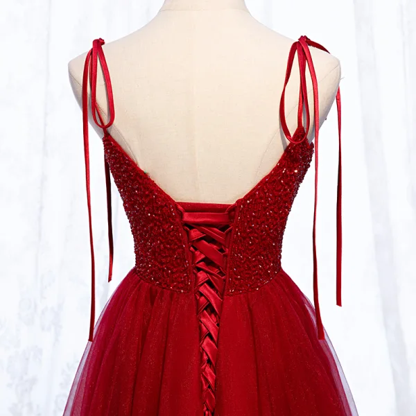 Chic / Belle Bordeaux Robe De Soirée 2019 Princesse Bretelles Spaghetti Noeud Perlage Cristal Sans Manches Dos Nu Longue Robe De Ceremonie