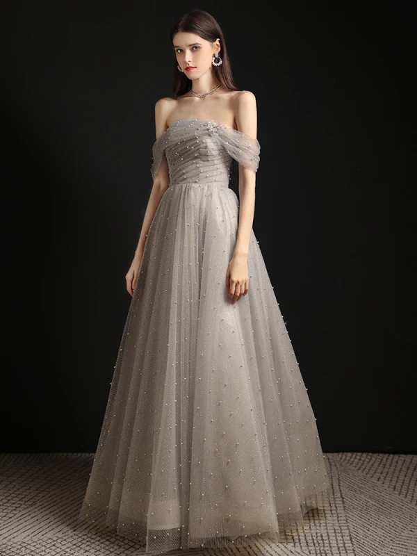 Charming Grey Pearl Prom Dresses 2021 A-Line / Princess Off-The-Shoulder Sleeveless Backless Floor-Length / Long Formal Dresses