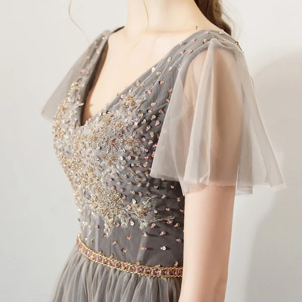 Modern / Fashion Champagne Black Evening Dresses 2018 A-Line / Princess Beading Sequins Lace Embroidered V-Neck Backless Short Sleeve Floor-Length / Long Formal Dresses